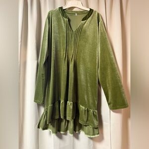 Olive Green Velvet Ruffle Hem Women's Top